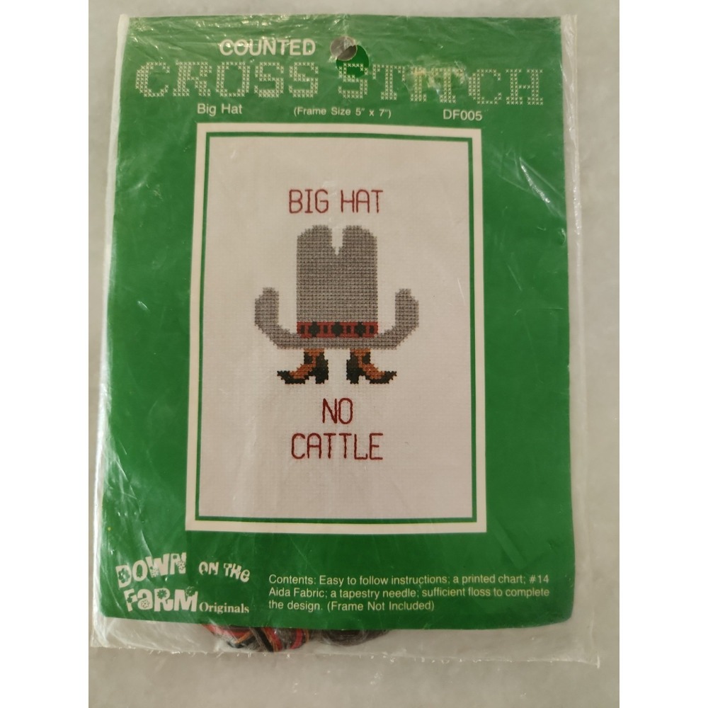 Funny "Big Hat No Cattle" 5x7 Down On The Farm Cross Stitch Kit NEW OLD STOCK